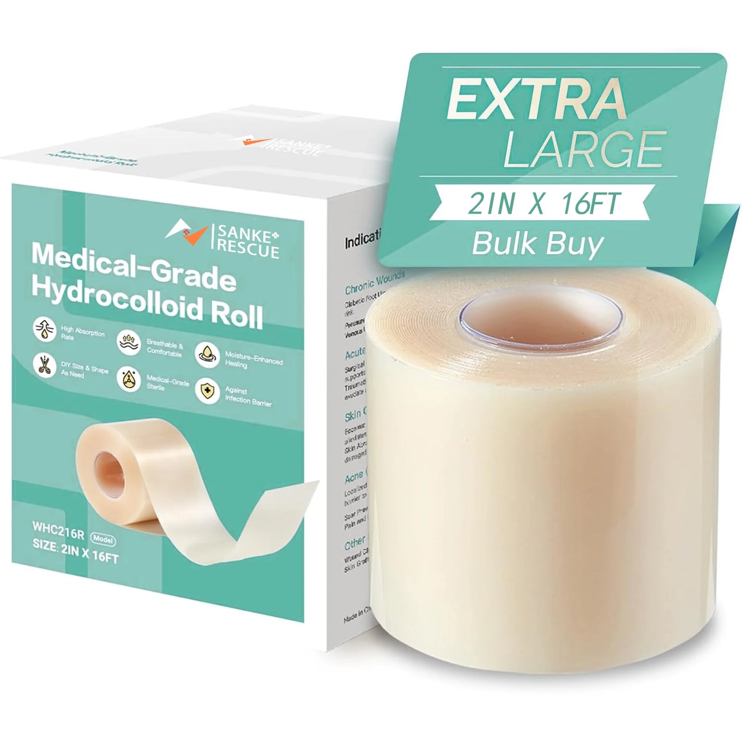 Sanke Rescue Hydrocolloid Roll for Wound Care Cut-to-Size Extra Large Hydrocolloid Patch Bandages Absorbent Waterproof First Aid